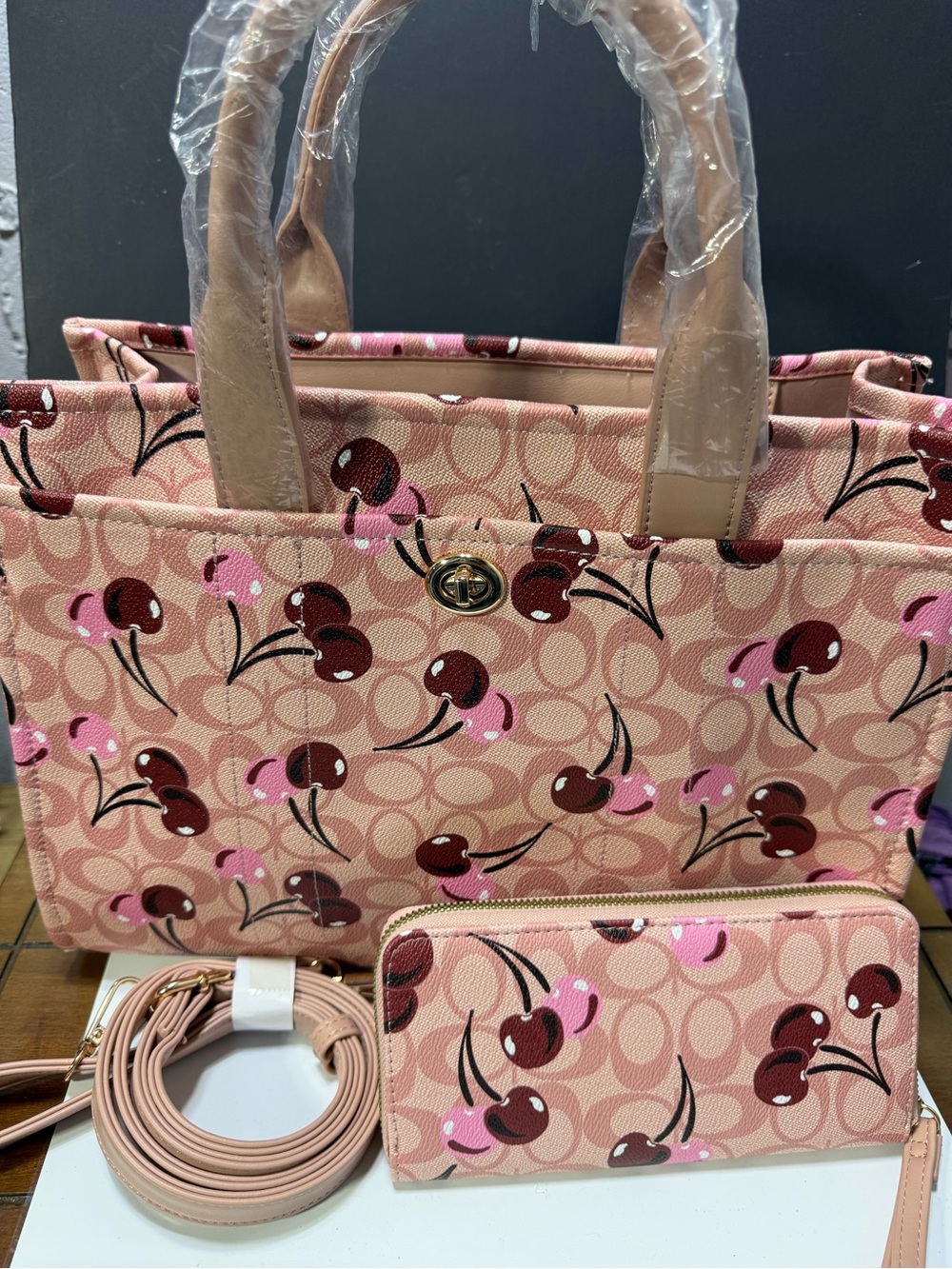 NWT Pink Cherry Print Tote Bag with Matching Wallet and Crossbody Strap